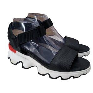 Sorel Kinetic Ankle Strap Black Leather Platform Sandals Size 9.5 Hook & Loop
